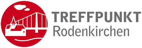 Logo Rodenkirchener Kunstmeile, Treffpunkt Rodenkirchen. Roter Punkt mit weißer Outline der Brücke Rodenkirchen.